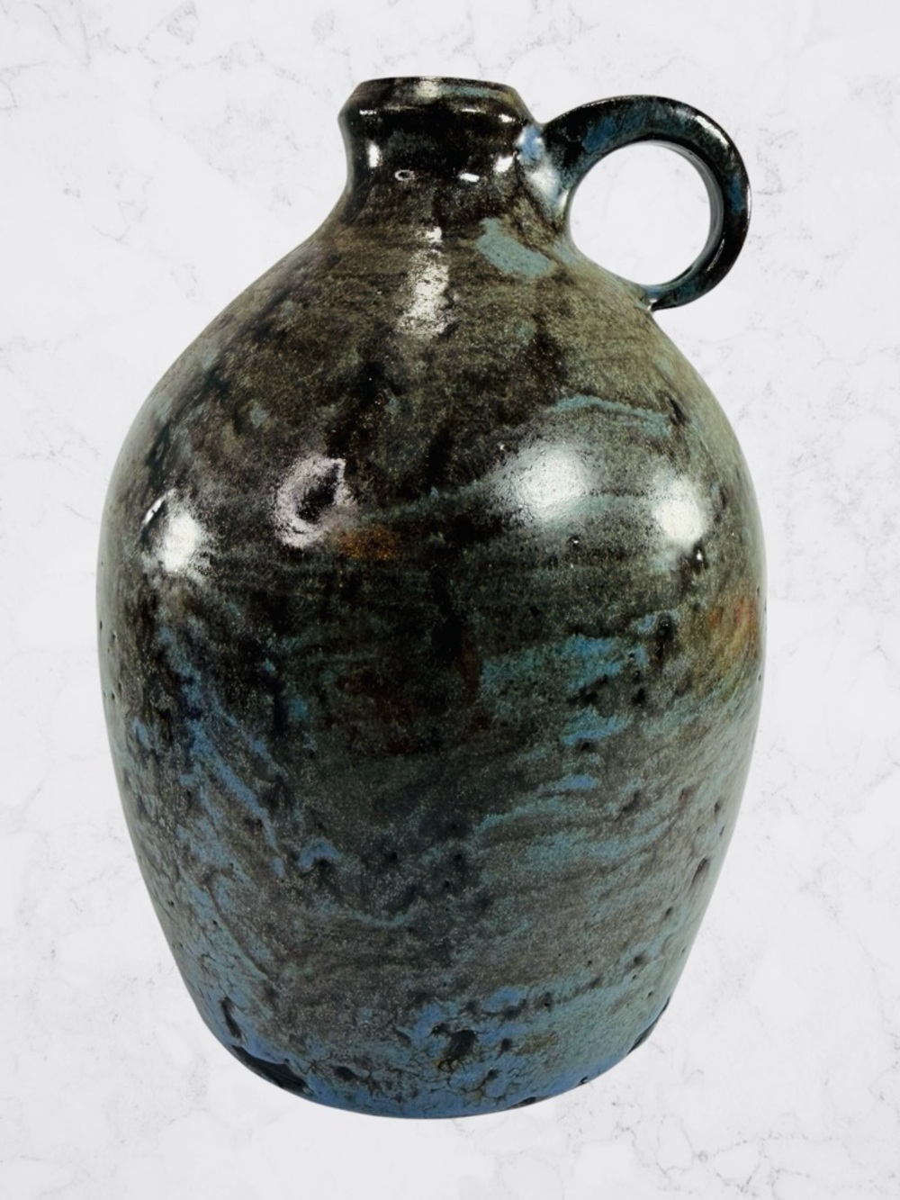 Jon Rawlings Pottery Wine Whiskey Jug Handle Turquoise Gray Brown Signed Number